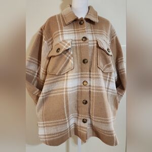 Boho Women's Plaid Teddy Shacket in Tan and Cream Size L (12/14)